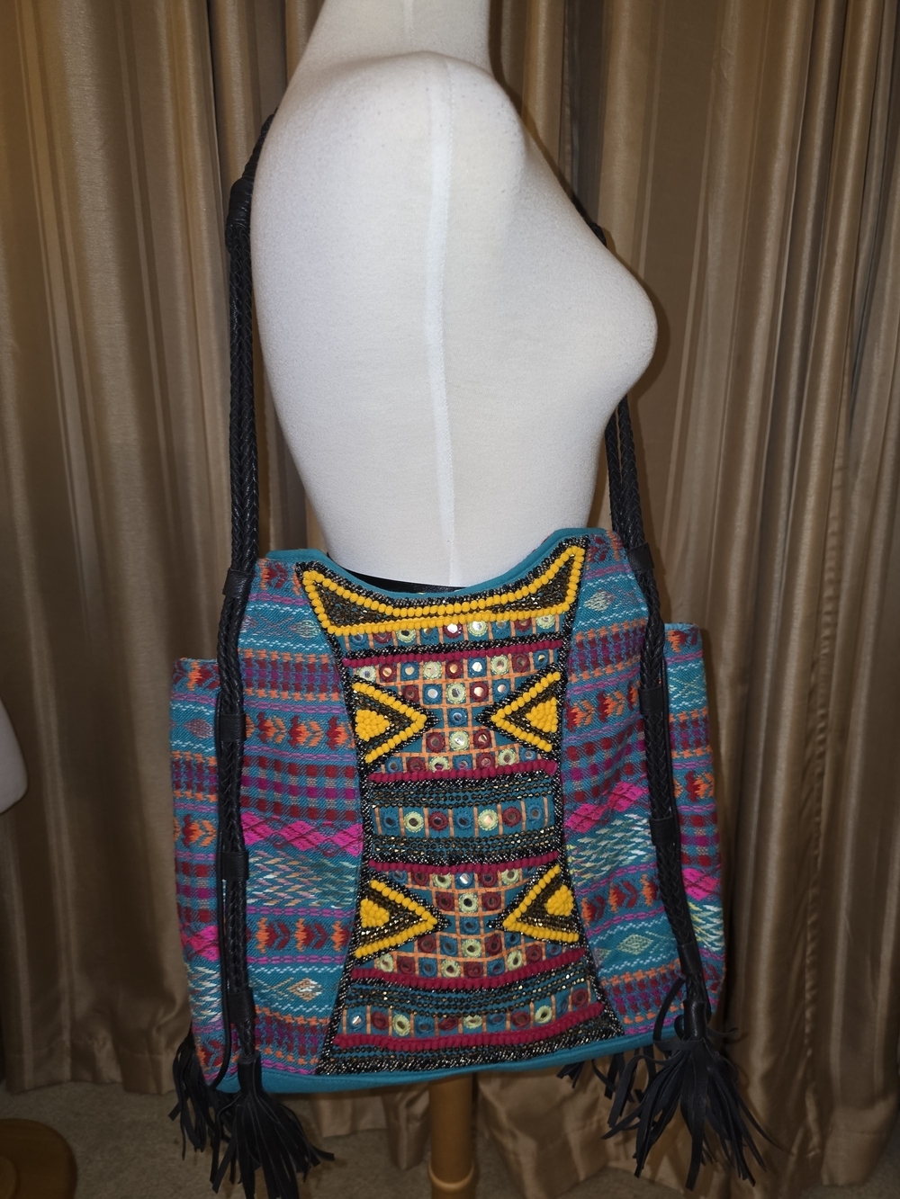 Big Buddha Boho Embroidered Multicolor Tote Bag with Fringe Shoulder Straps
